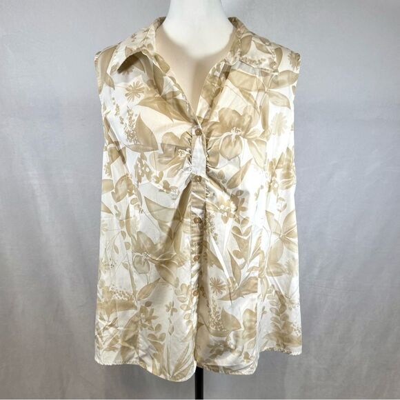 White Stag tan and white floral button down cotton blend poplin top size 2X - Picture 1 of 5